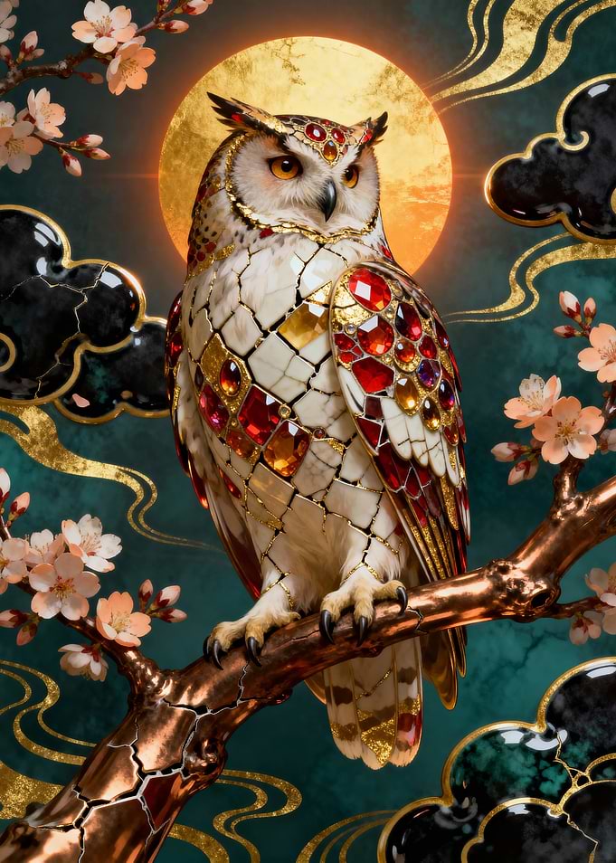 Jeweled Owl on Branch with Moon