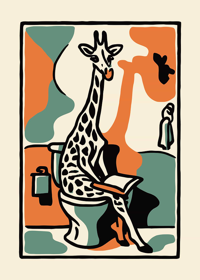 Giraffe Reading on Toilet Art