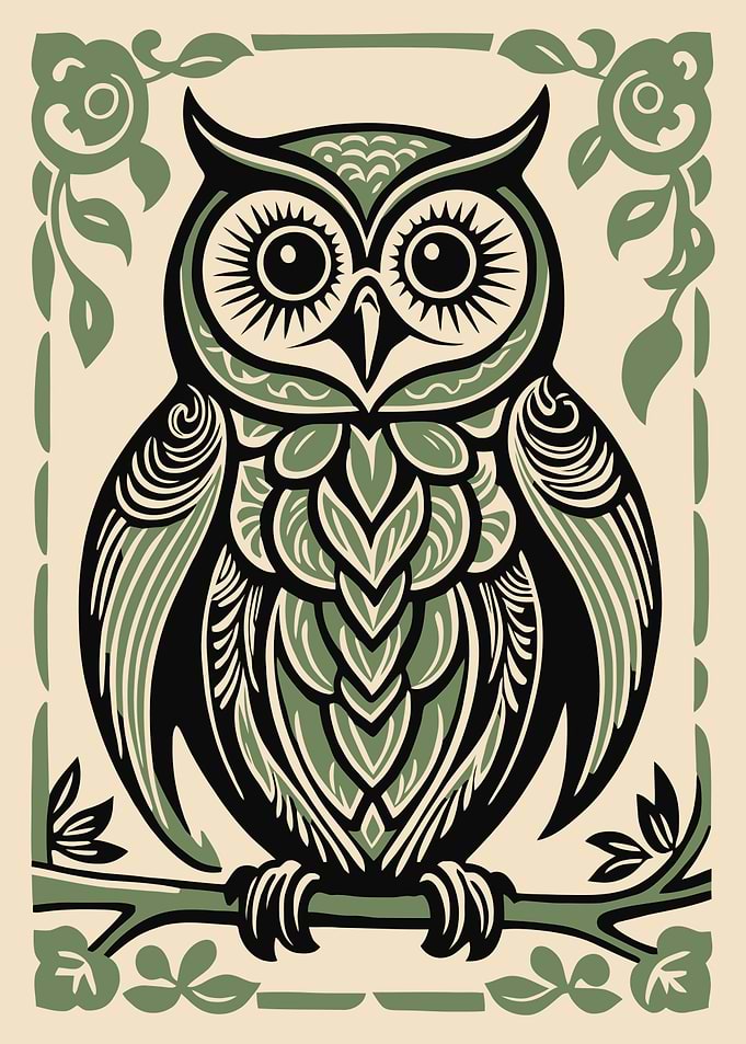 Stylized Owl Illustration with Floral Frame