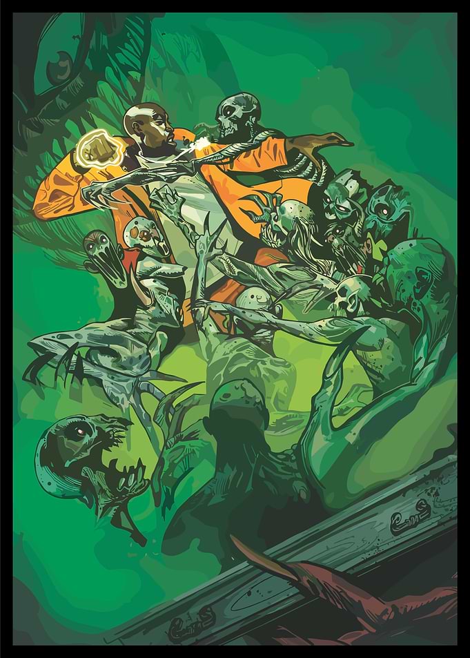 Man Fighting Zombies in Green Comic Art