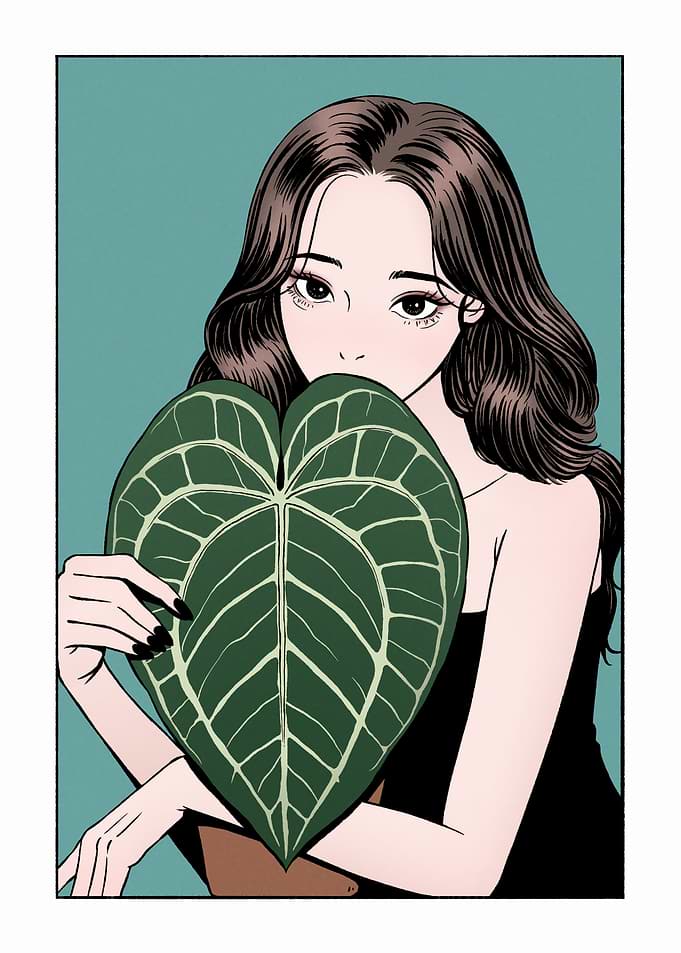 Woman with Anthurium Crystallinum Leaf