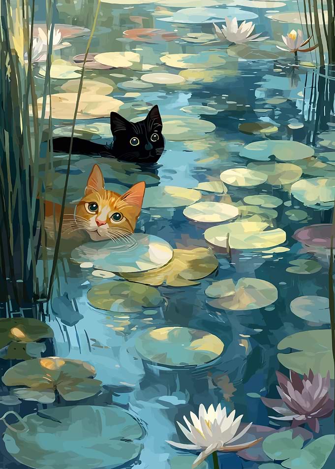 Cats in Lily Pond Painting