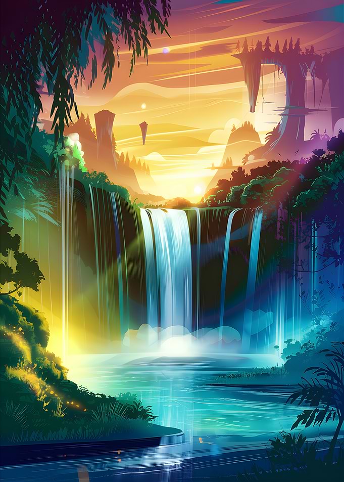 Fantasy Waterfall at Sunset Glow Landscape Digital Art
