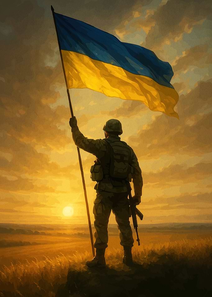 Ukrainian Soldier Flag Sunset