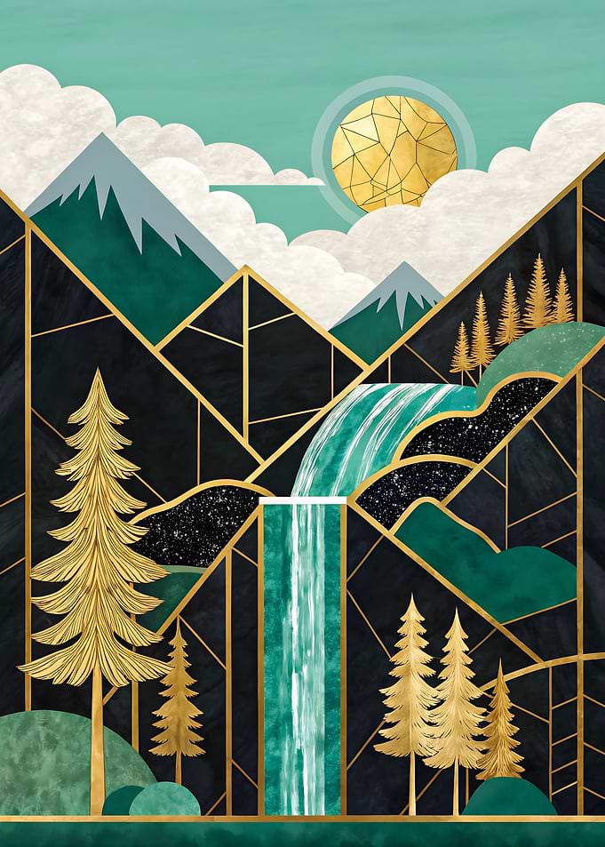 Geometric Waterfall Landscape with Golden Accents