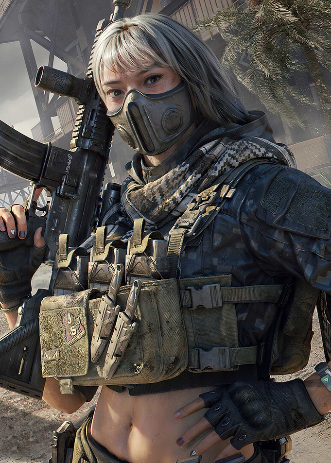 Female Soldier with Rifle and Mask