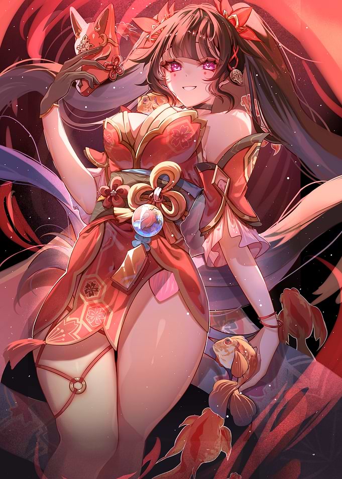 Anime Girl with Fox Mask and Goldfish