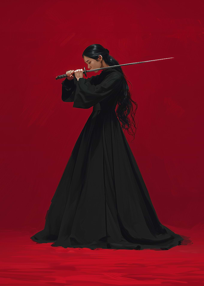 Asian Woman with Sword on Red Background