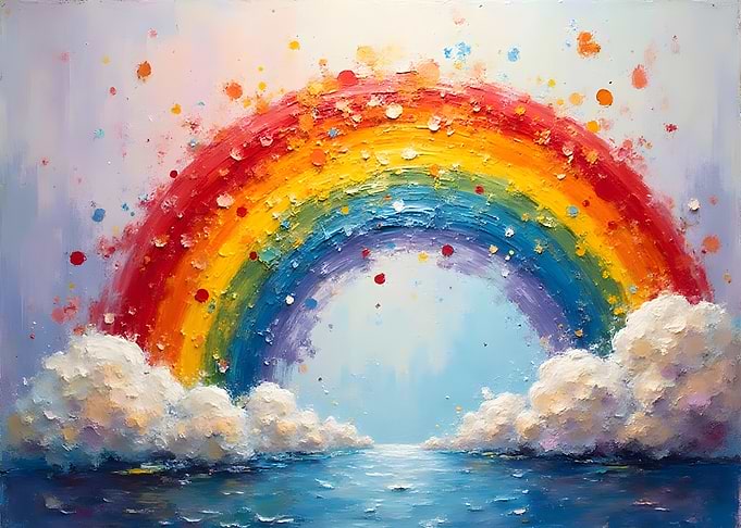 Colorful Rainbow Painting with Clouds and Water