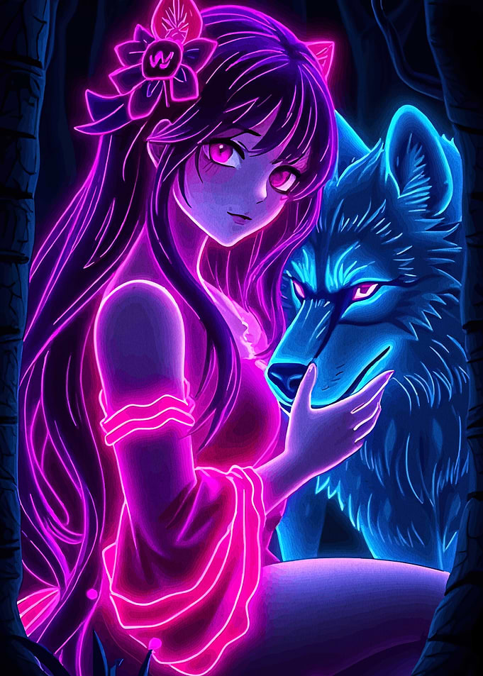 Neon Anime Girl with Wolf