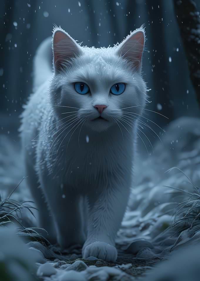 White Cat in Winter Snowfall