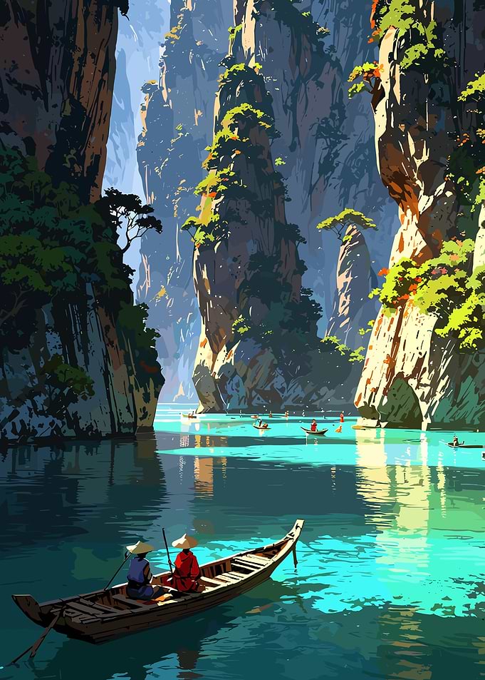 Asian Landscape with Boats and Cliffs