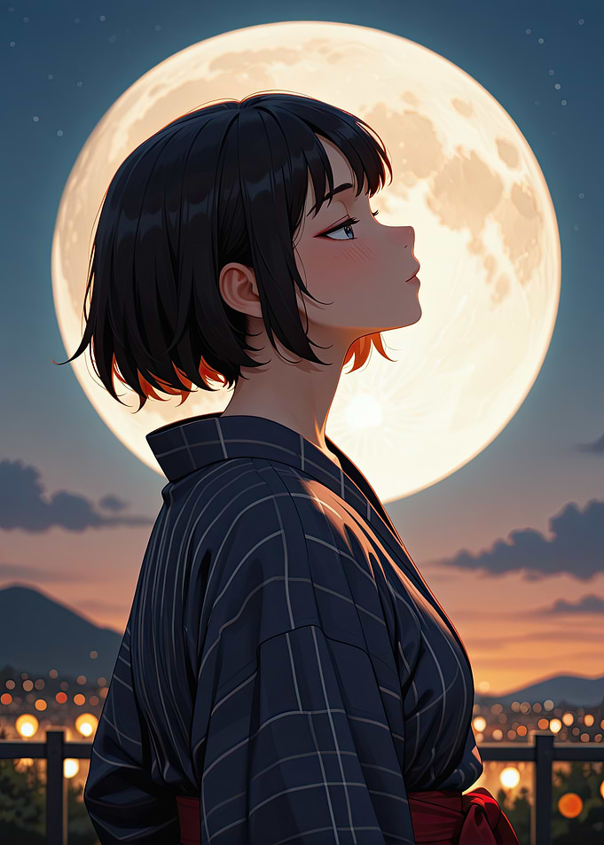 Anime Girl Gazing at the Moon
