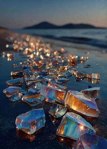 Iridescent Glass Shards on Beach