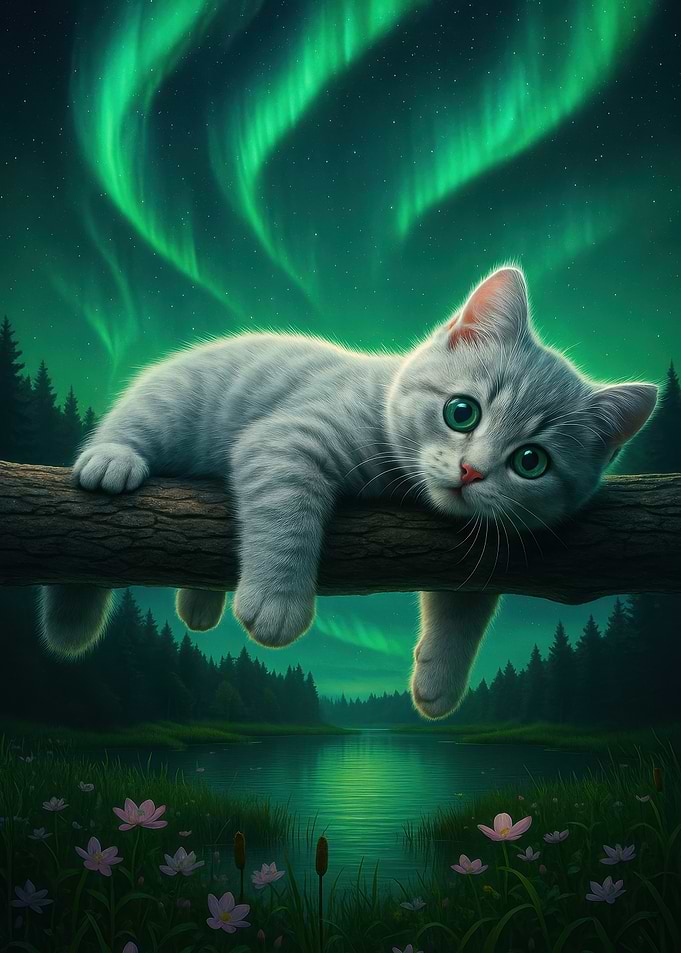 Cat under the Northern Lights