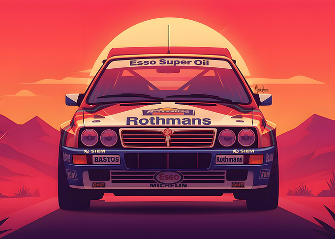Lancia Delta Integrale Rally Car Illustration at Sunset