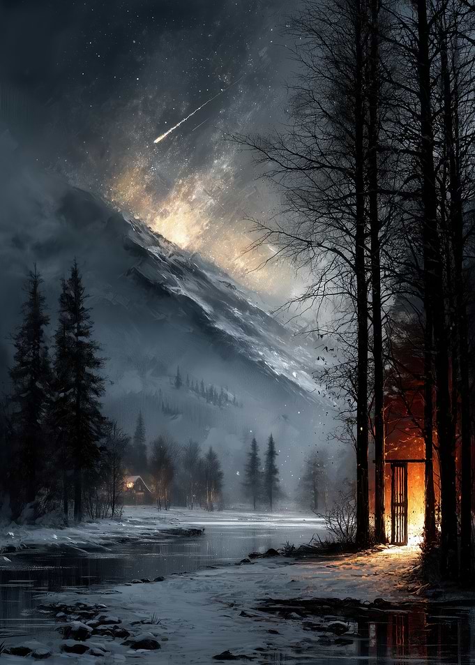 Winter Landscape with Cabin and Meteor