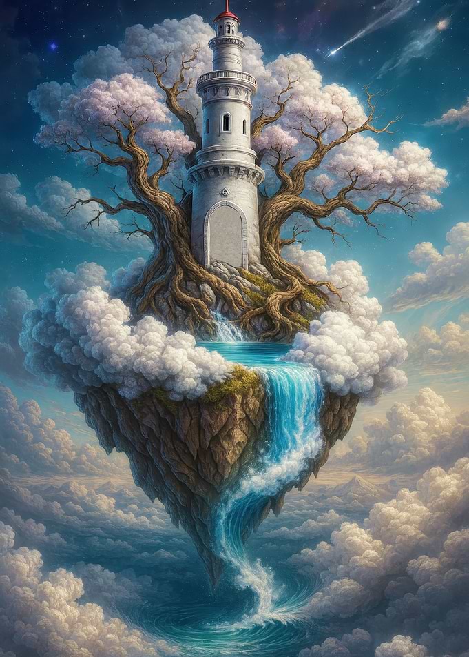 Floating Island Lighthouse with Waterfall