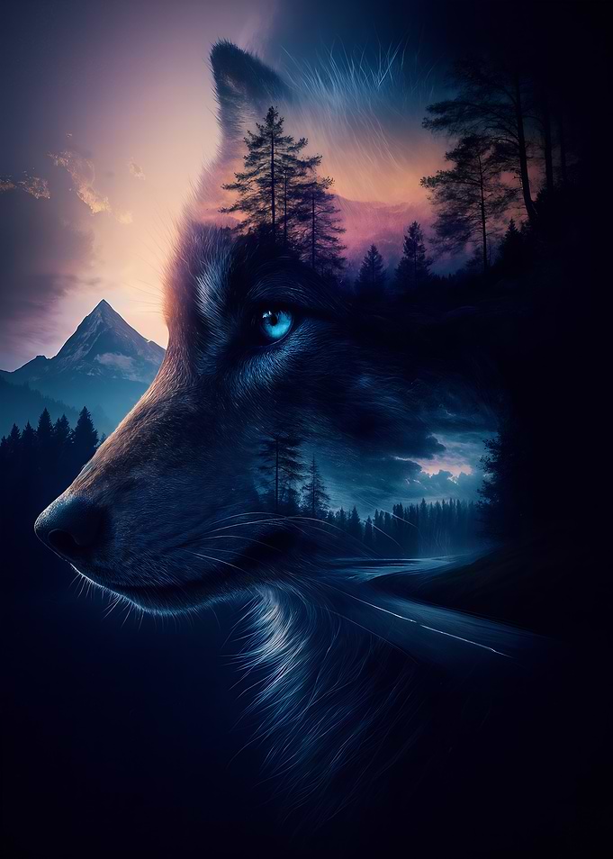 Wolf and Forest Double Exposure Art