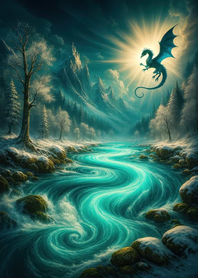 Dragon over Turquoise River Landscape