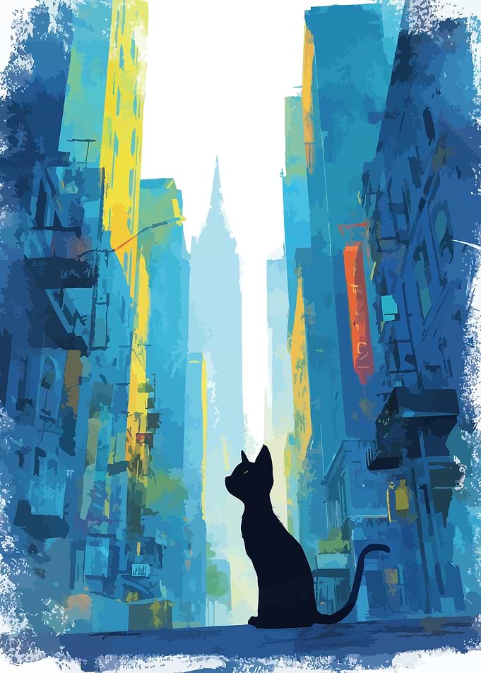 Black Cat in Cityscape Painting