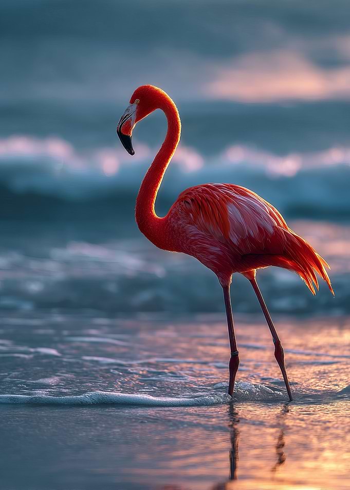 Flamingo in Ocean at Sunset