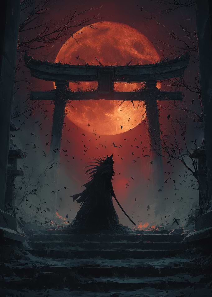 Samurai Cat Under Red Moon