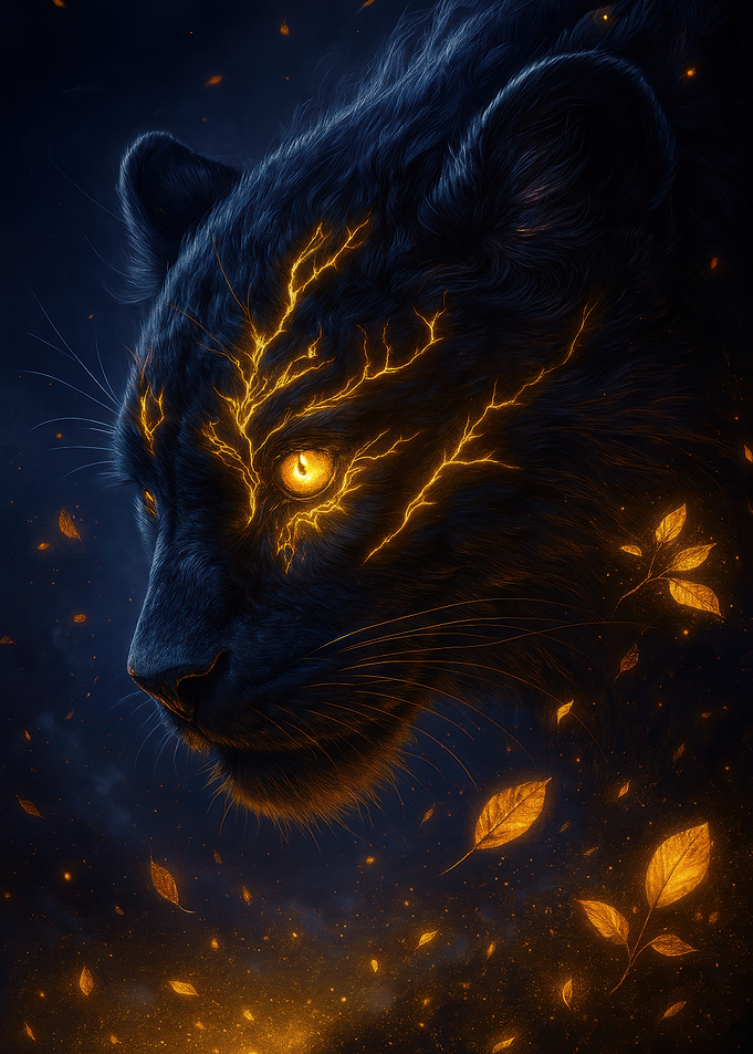 Glowing Panther with Autumn Leaves