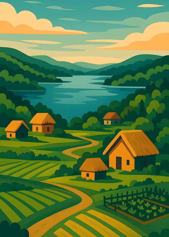 Rural Landscape with Houses and Lake