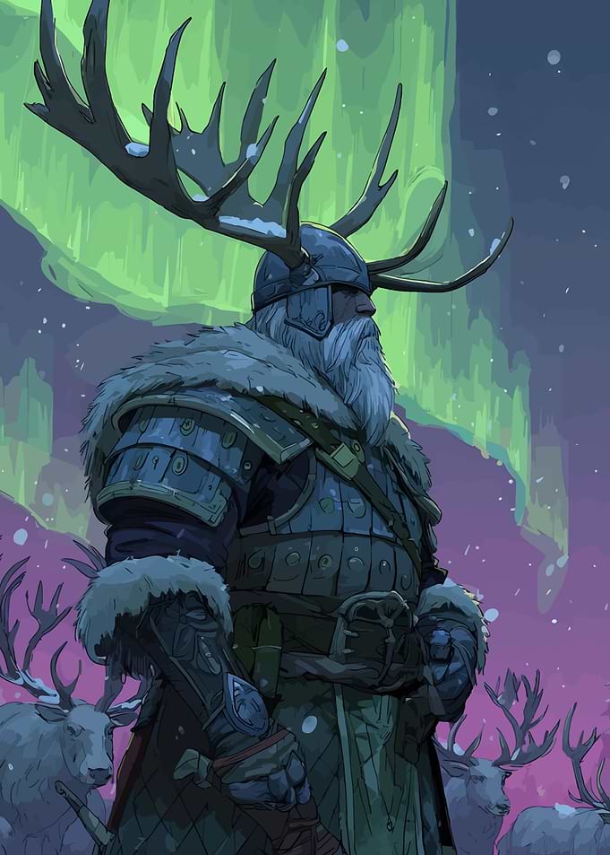 Viking warrior with reindeer antlers helmet