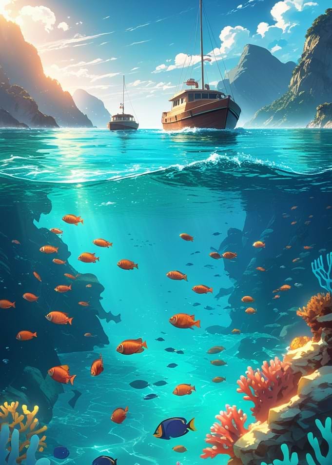 Ocean Scene with Boats and Fish