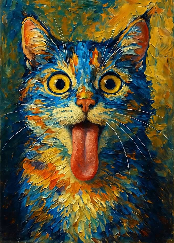 Colorful Cat Portrait with Tongue Out