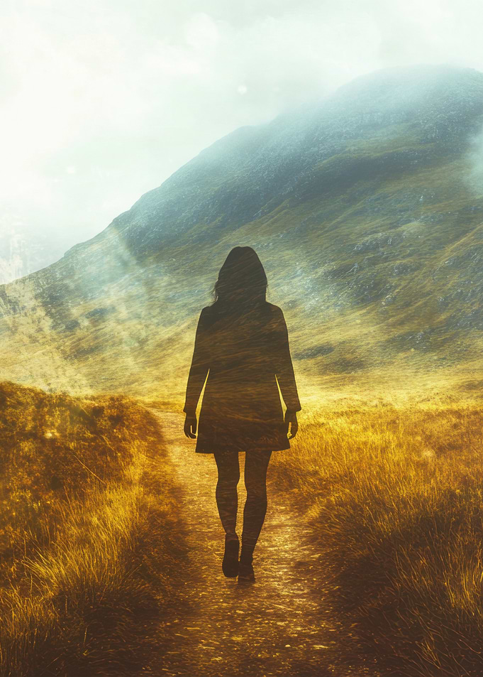Woman walking on path, mountain background