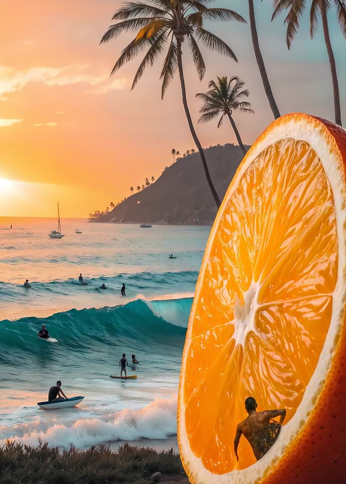 Surreal Beach Scene with Orange Slice