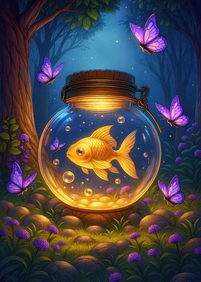 Goldfish in Jar with Butterflies
