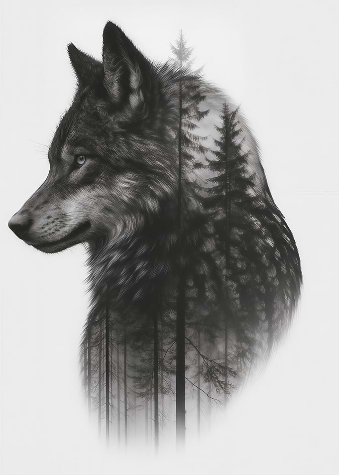 Wolf and Forest Double Exposure Art