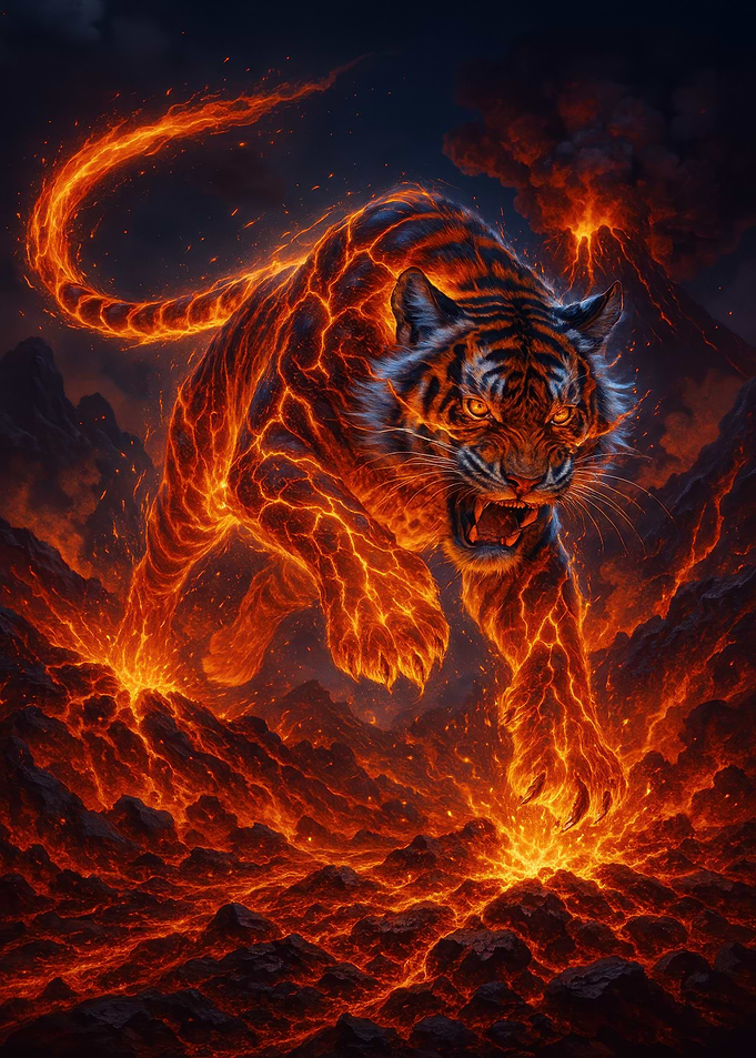 Fiery Tiger in Volcanic Landscape