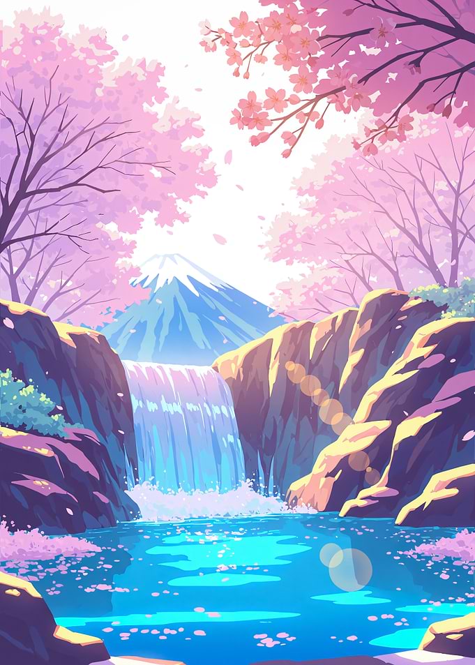 Anime Background Sakura Waterfall and Cherry Blossoms Landscape Japan