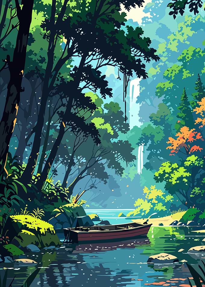 Boat on River in Lush Forest