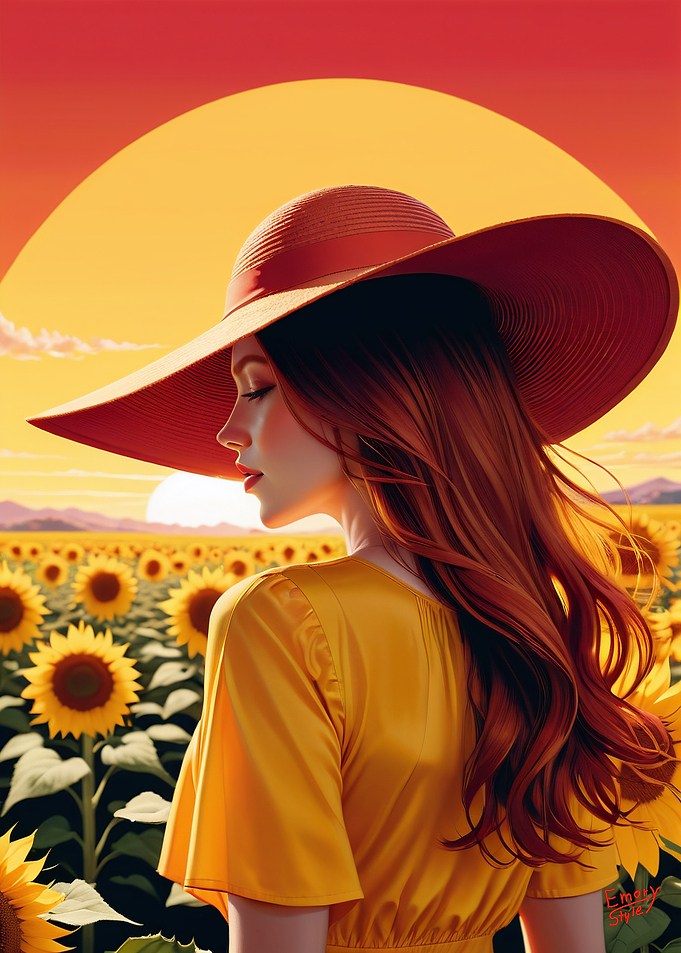 Sunrise - Woman in Sunflower Field with Hat