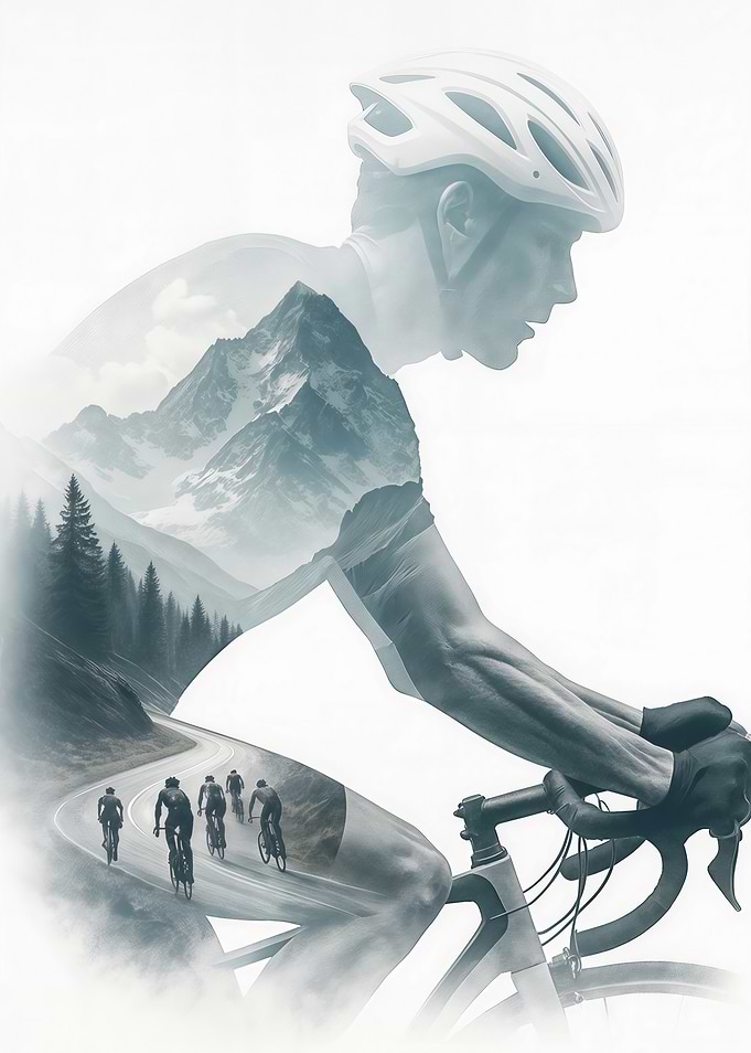 Cyclist in Mountain Landscape Double Exposure