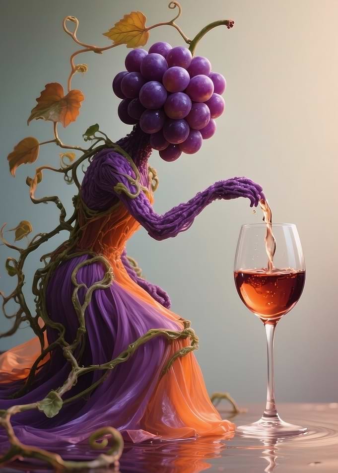 Grape-headed figure pouring wine