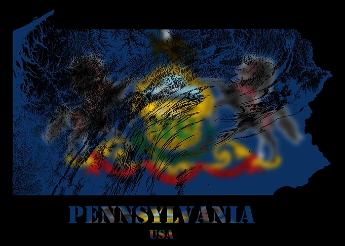 Pennsylvania USA Topographic Contour Relief Map blending terrain features into its emblematic colorful flag