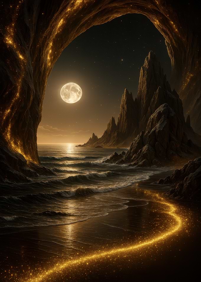 Mystical Beach at Night with Golden Light