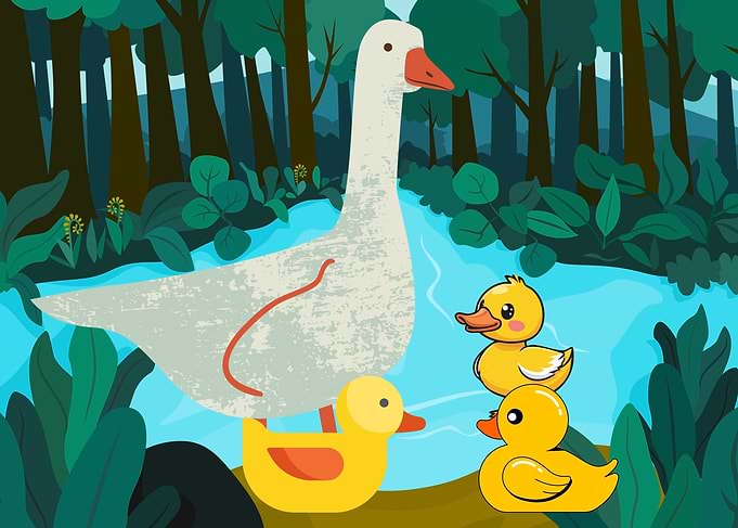 Cartoon Goose and Ducklings in Forest