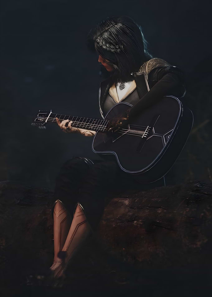 Woman playing guitar in dark setting