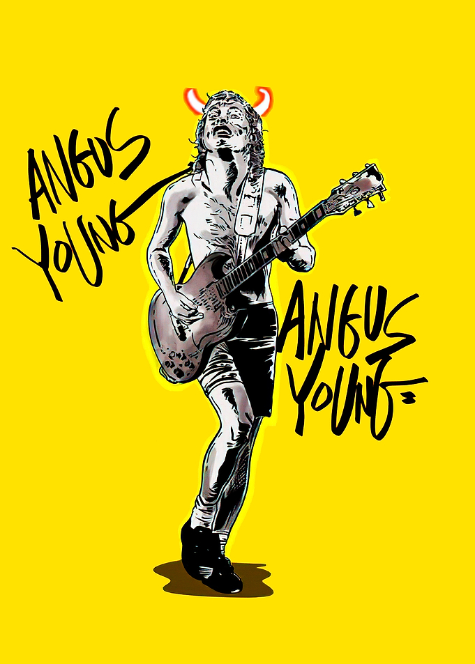 Angus Young Illustration on Yellow Background