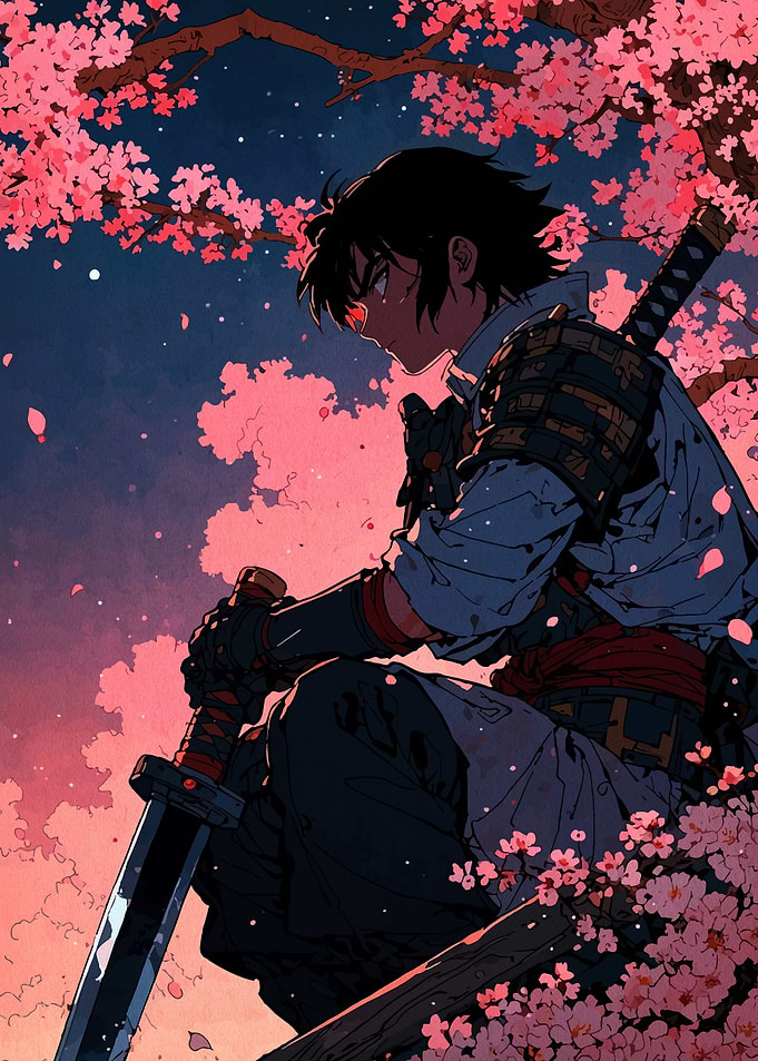 Anime Samurai Under Cherry Blossoms