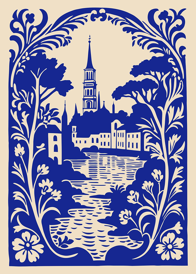 Blue and Beige Landscape Illustration