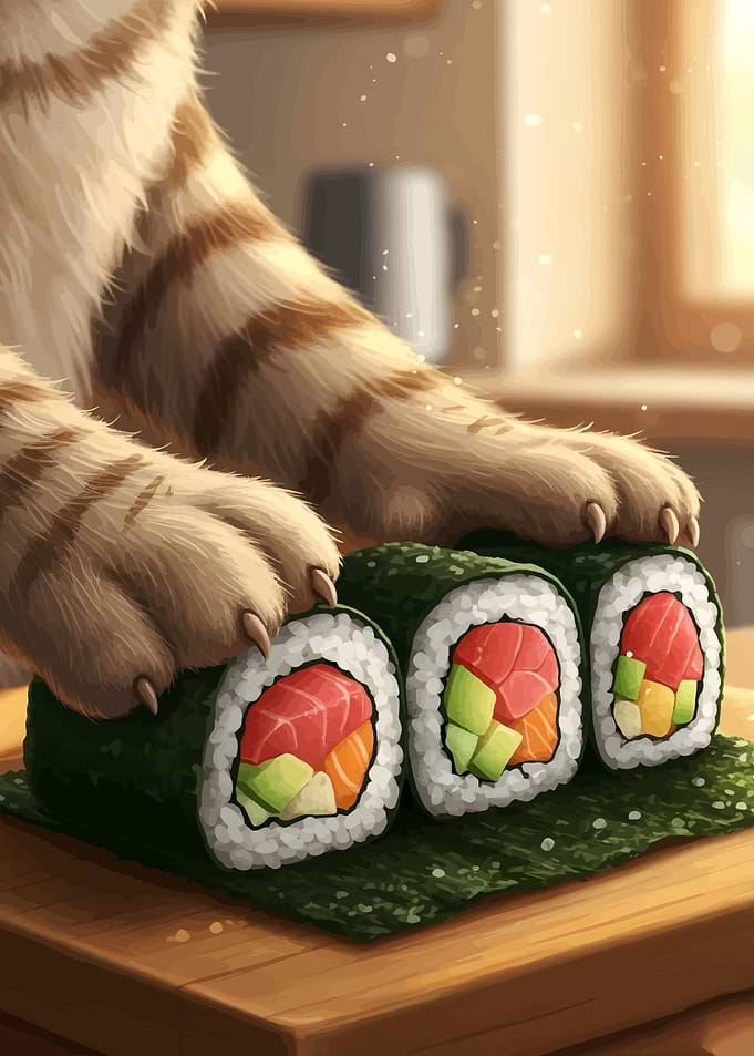 Cat paws on sushi rolls